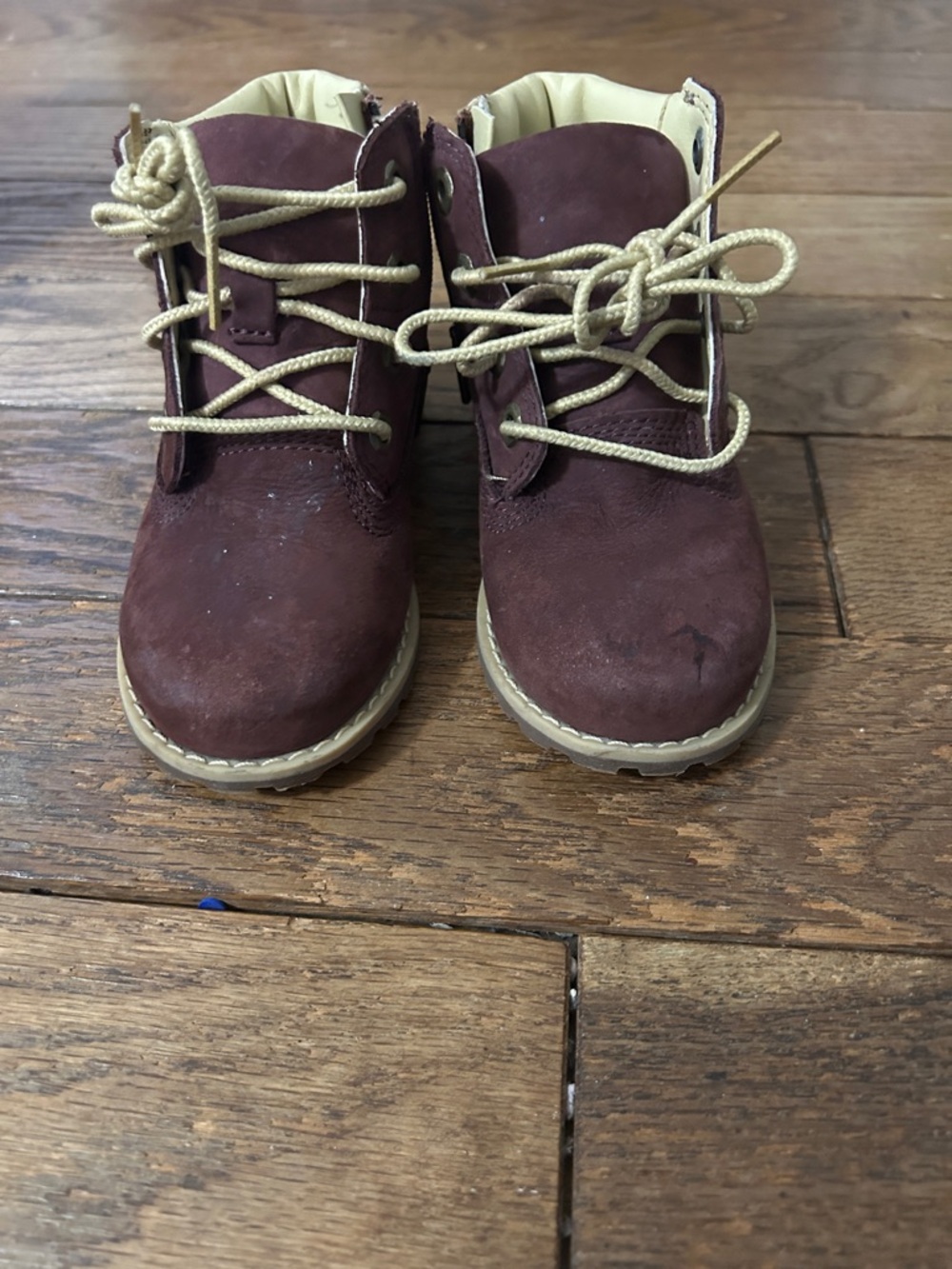 Timberland Kids Maroon Suede Lace-Up Boots with Beige Laces